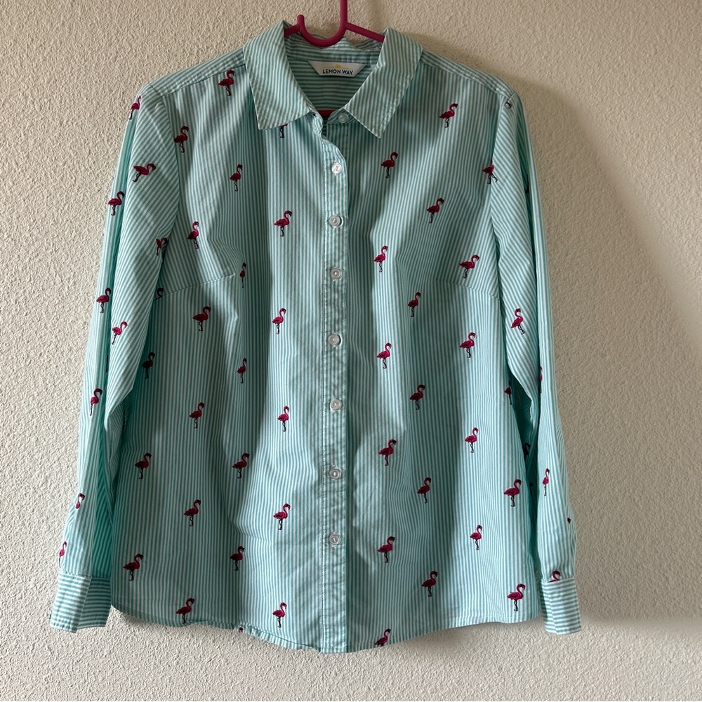 Lemon Way Embroidered Novelty Flamingo Striped Preppy Nautical Women’s Medium